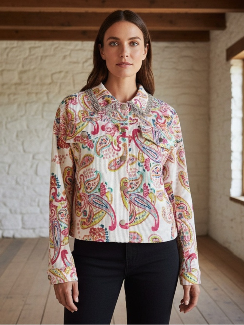 Vibrant Paisley Button Down Jacket With A Swirl Of Playful Colors